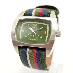 Diesel Mens Army Green Tonneau 44mm Watch Leather Nylon Strap DZ2057 New Battery
